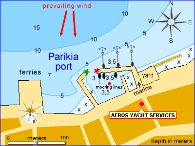 chart of the sailing boat marina in Parikia, Paros island in Cyclades, the charter station