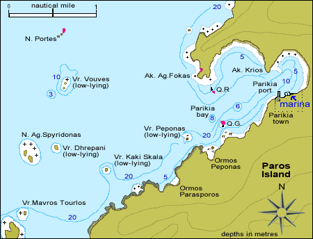 Chart of Parikia bay in Paros island, sailing approaches to the port of the charter base