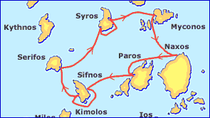 Cyclades 1st sailing route, Paros - Sifnos - Serifos - Syros - Myconos - Delos - Naxos